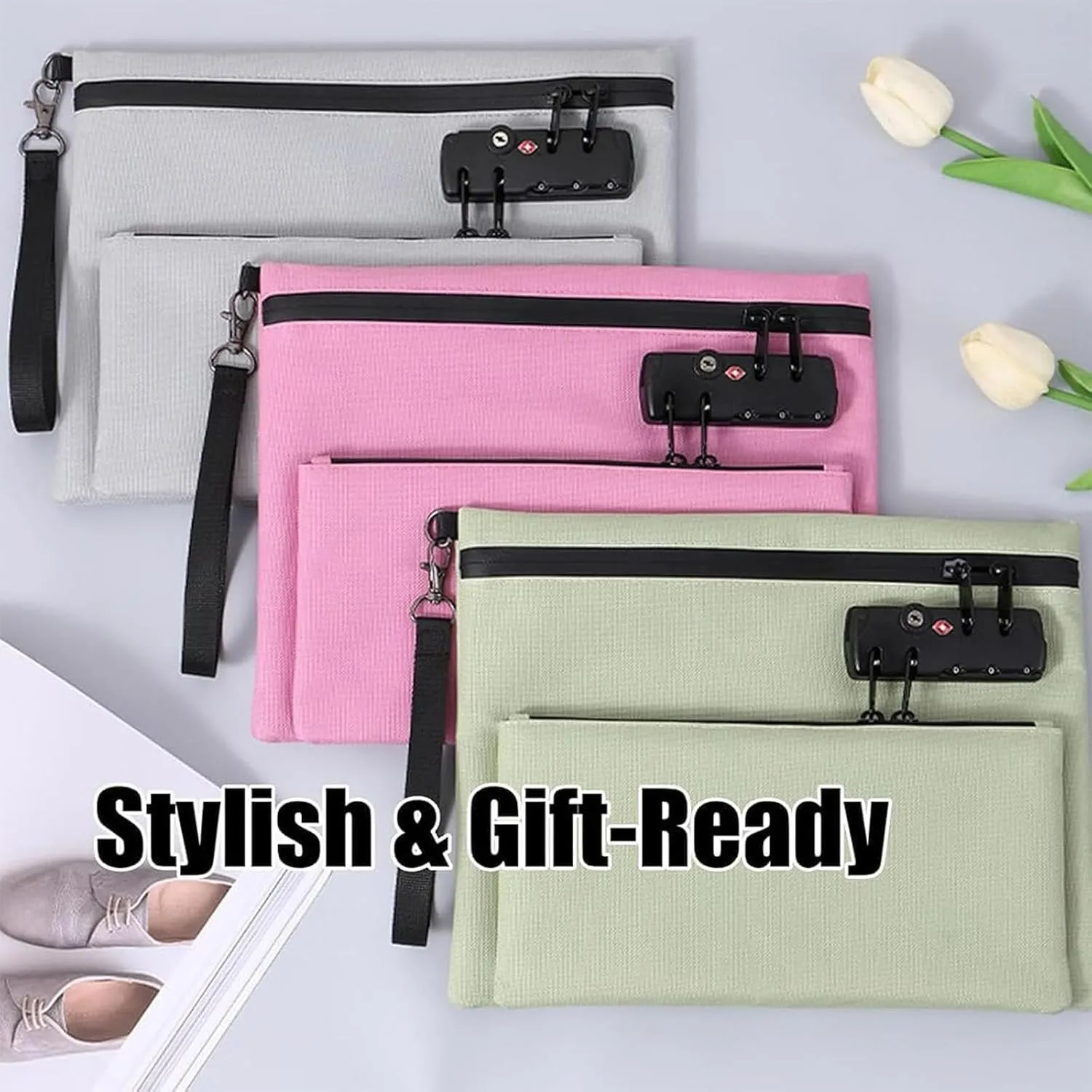 Travel Lock Bag, Travel Bag with Lock, Money Bag with Lock and Zipper, TravelLock Bags for Personal Items, Double Layer Anti-Theft Cash Certificates Organizer (Pink)