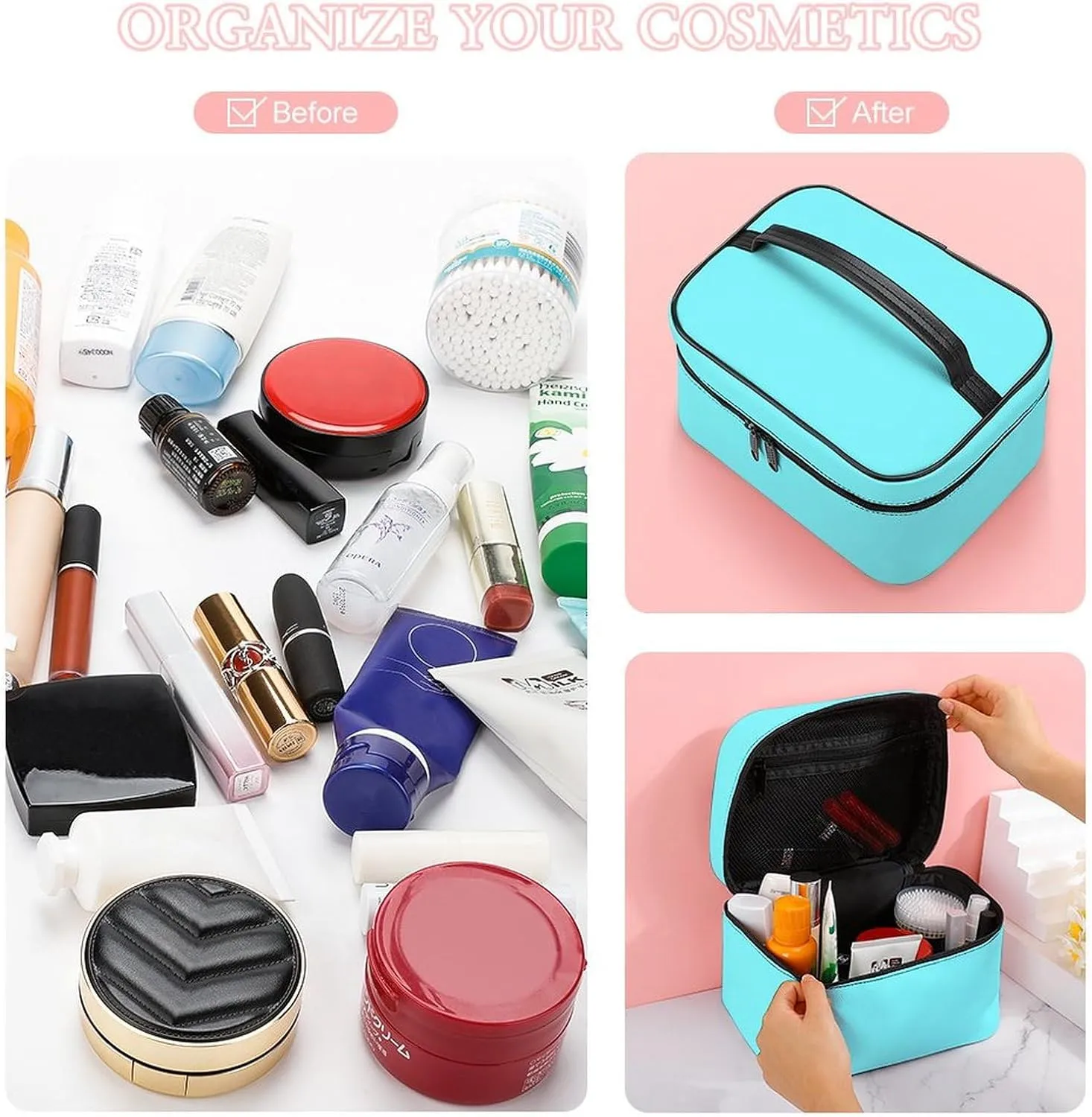 Travel Makeup Bag, Blue Elegant Trendy Minimalist Cosmetic Bags for Women Large Capacity Waterproof Toiletry Bag Make up Organizer
