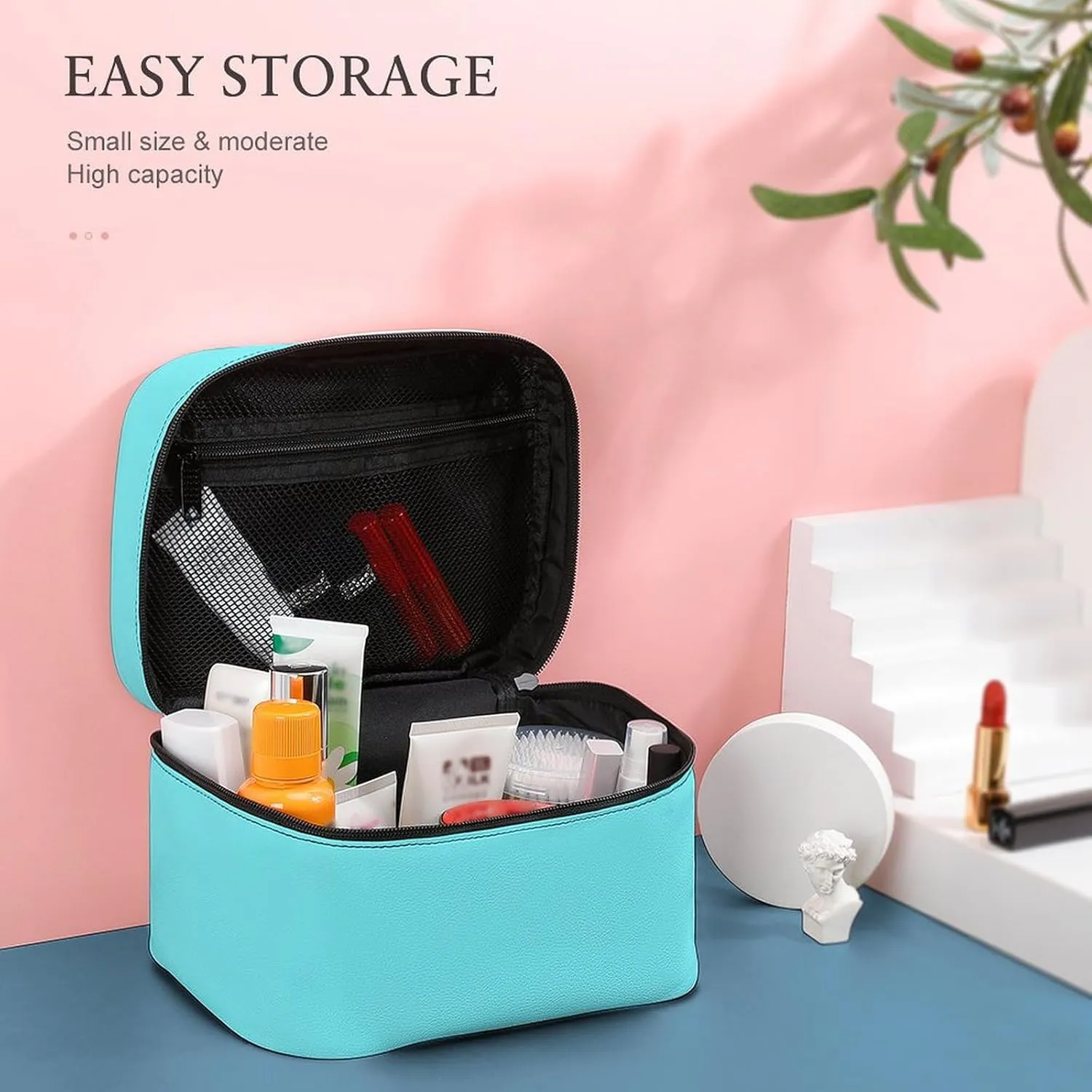 Travel Makeup Bag, Blue Elegant Trendy Minimalist Cosmetic Bags for Women Large Capacity Waterproof Toiletry Bag Make up Organizer