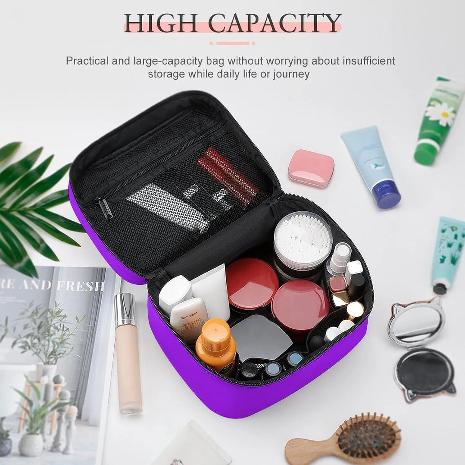 Travel Makeup Bag, Bright Violet Trend Color Cosmetic Bags for Women Large Capacity Waterproof Toiletry Bag Make up Organizer