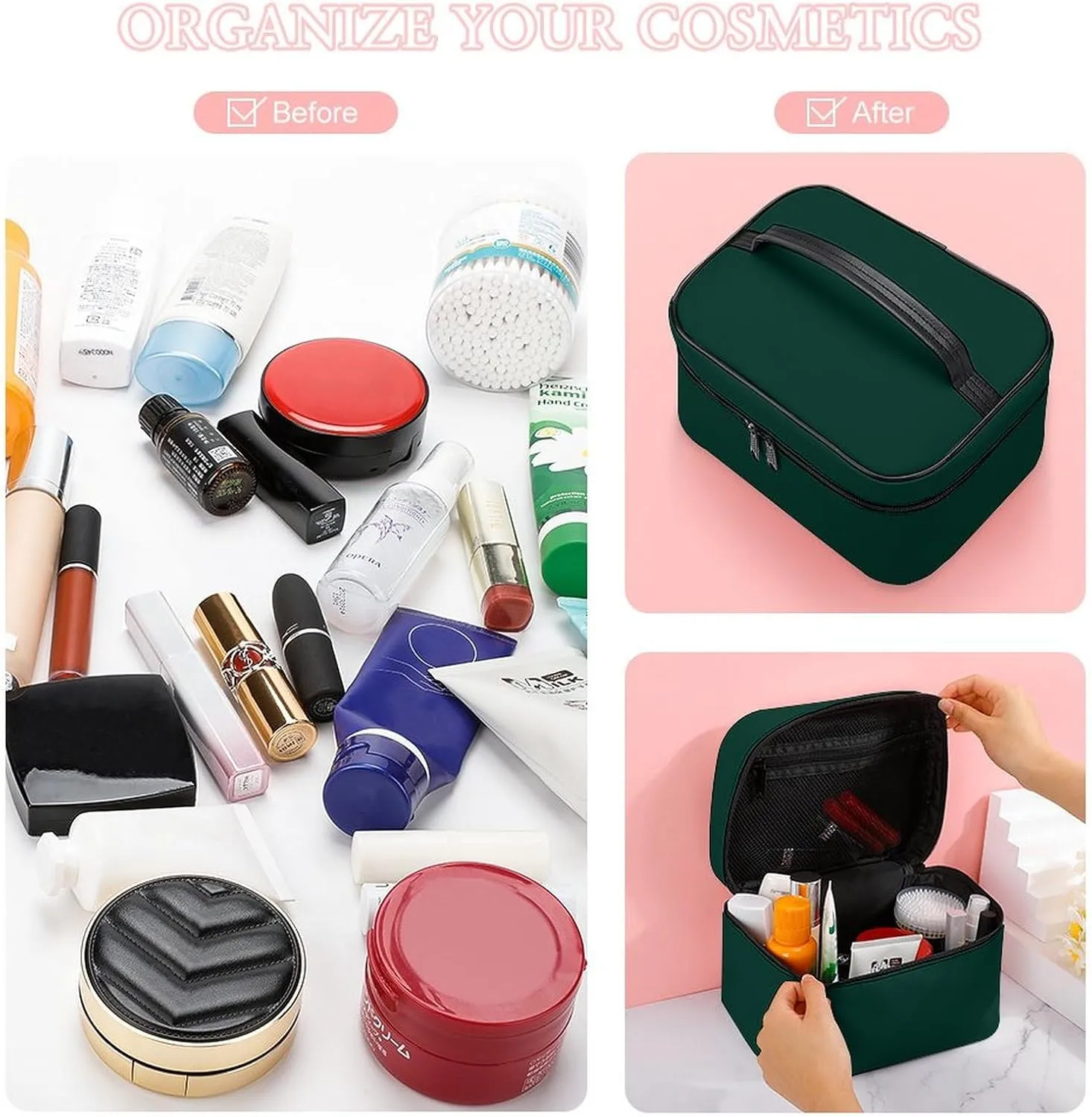 Travel Makeup Bag, Dark forest Green Solid Color Cosmetic Bags for Women Large Capacity Waterproof Toiletry Bag Make up Organizer