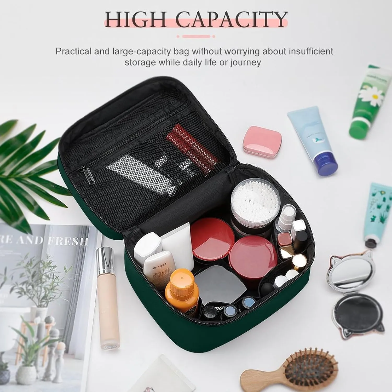 Travel Makeup Bag, Dark forest Green Solid Color Cosmetic Bags for Women Large Capacity Waterproof Toiletry Bag Make up Organizer