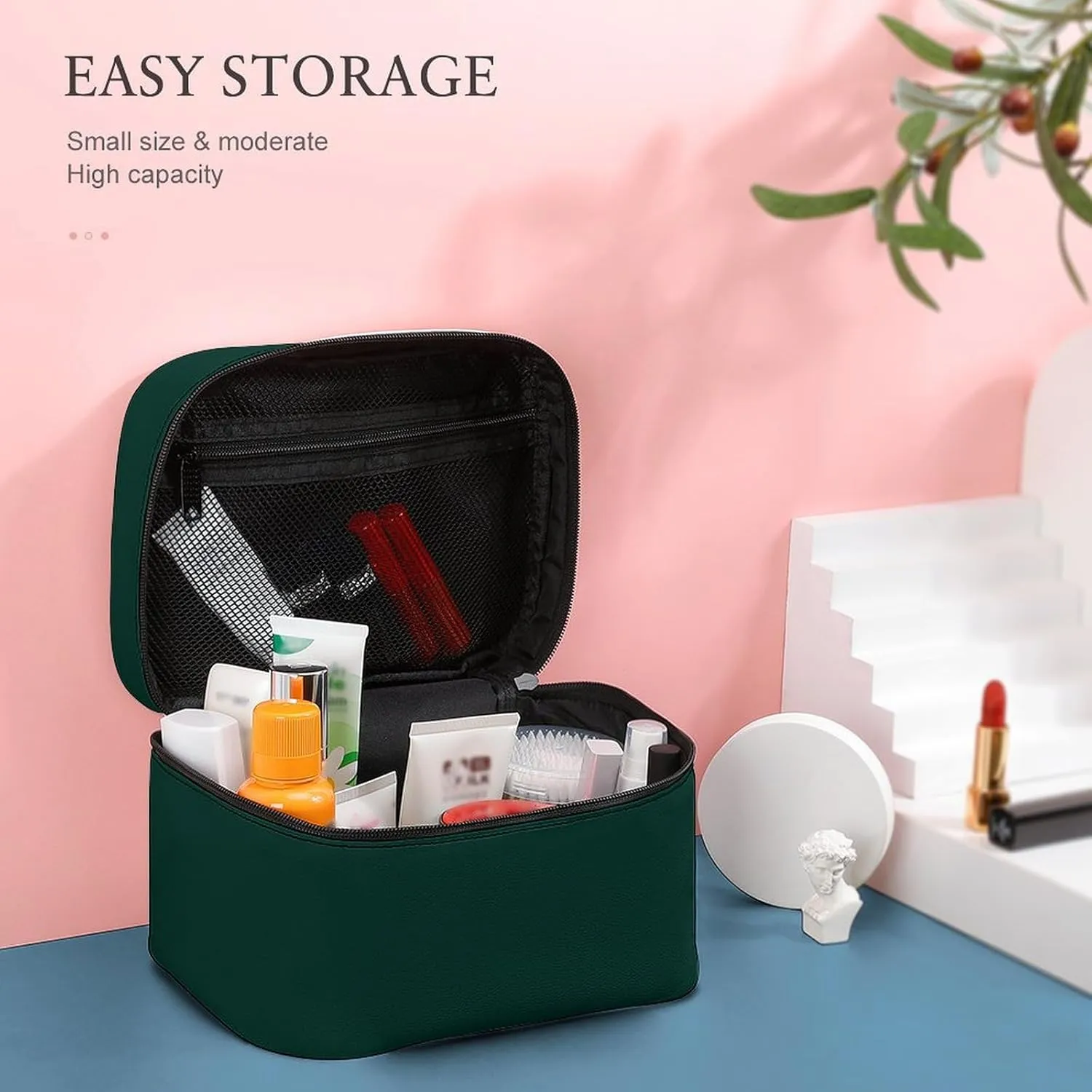 Travel Makeup Bag, Dark forest Green Solid Color Cosmetic Bags for Women Large Capacity Waterproof Toiletry Bag Make up Organizer