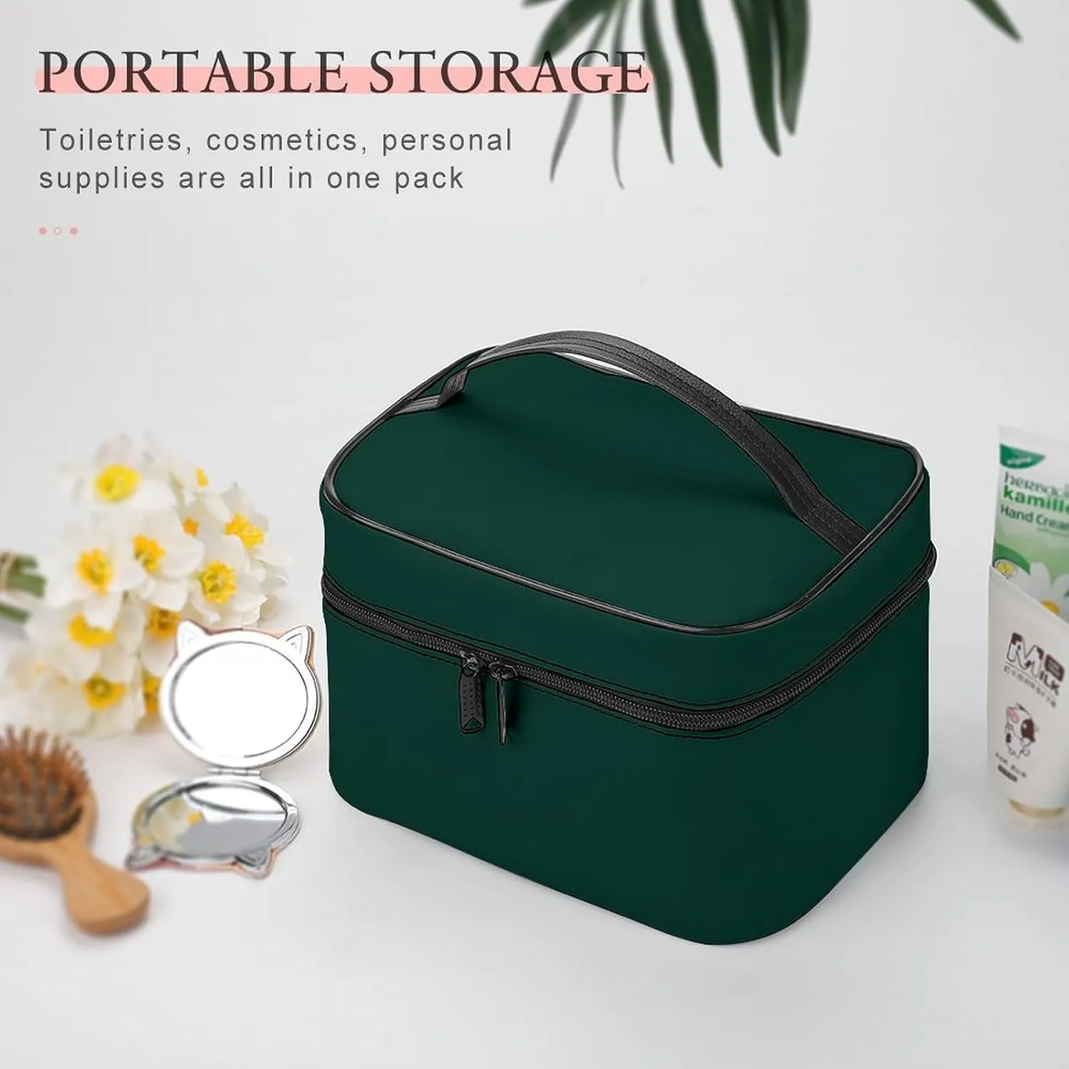 Travel Makeup Bag, Dark forest Green Solid Color Cosmetic Bags for Women Large Capacity Waterproof Toiletry Bag Make up Organizer