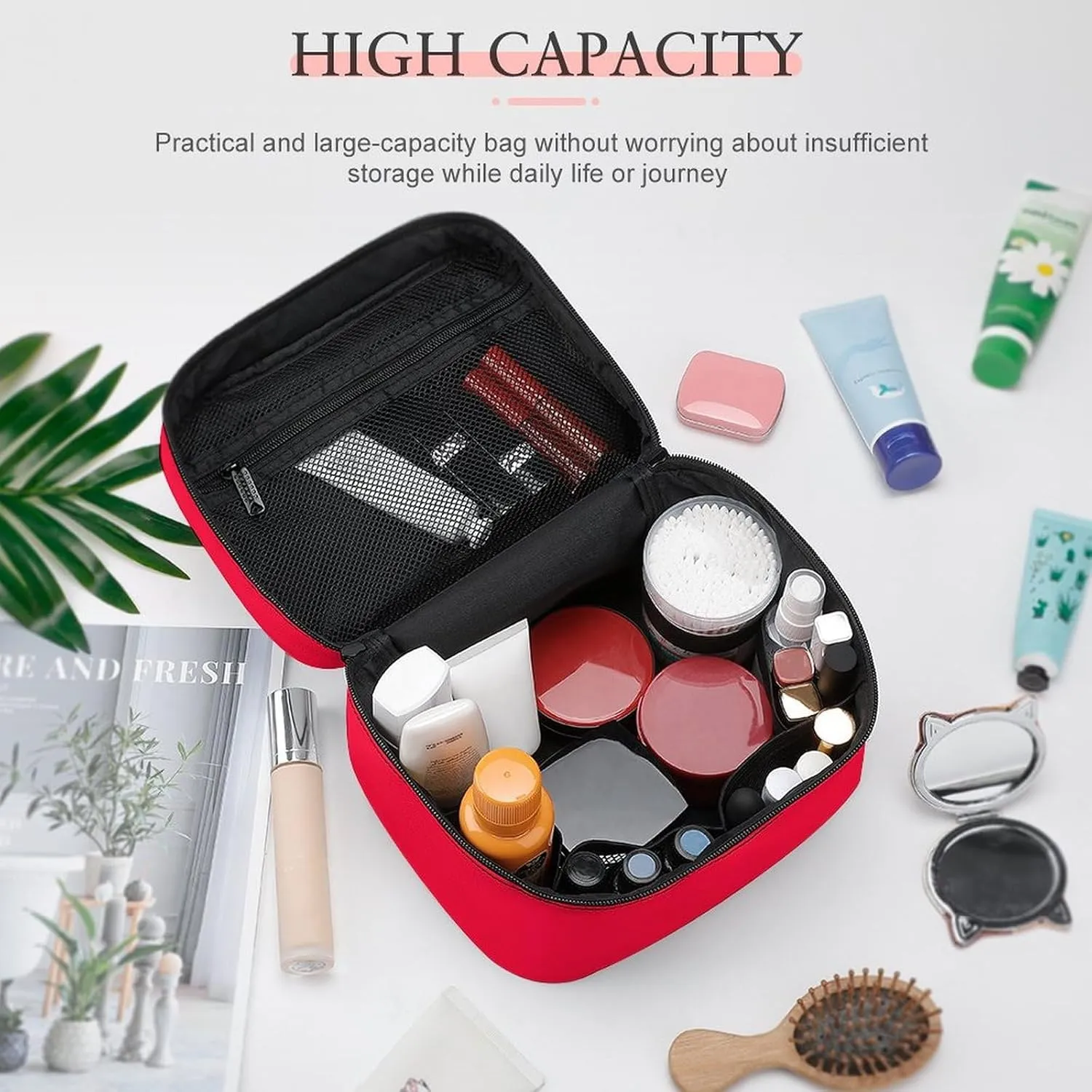 Travel Makeup Bag, Orange Neon Red Personalized Cosmetic Bags for Women Large Capacity Waterproof Toiletry Bag Make up Organizer