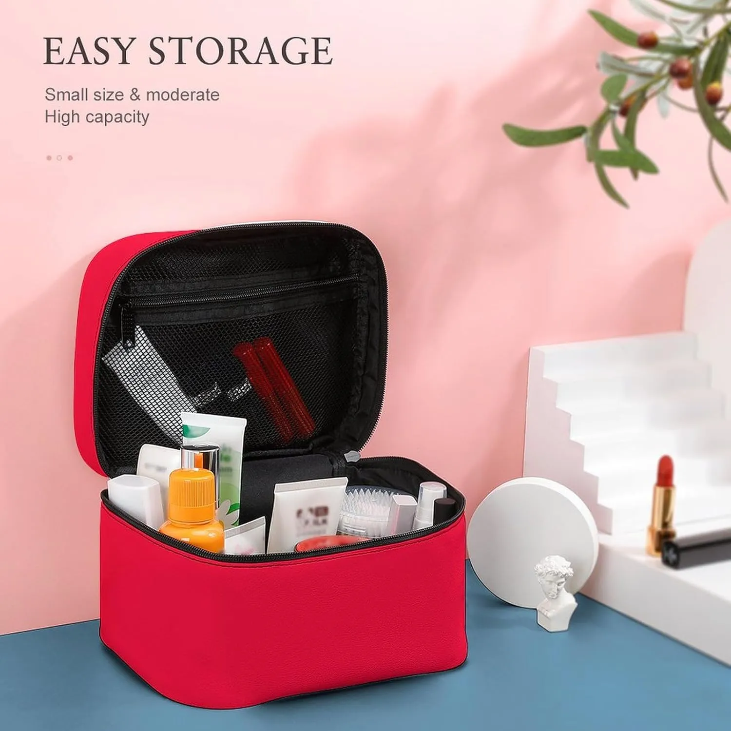 Travel Makeup Bag, Orange Neon Red Personalized Cosmetic Bags for Women Large Capacity Waterproof Toiletry Bag Make up Organizer