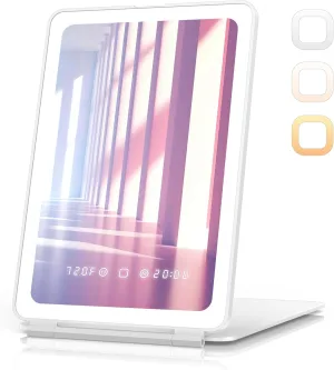 Travel Makeup Mirror with Time & Temperature Display, 2000mAh Rechargeable Battery, 7.5" Portable Foldable Lighted Mirror with 148 Led Lights, 3 Color Lighting Modes