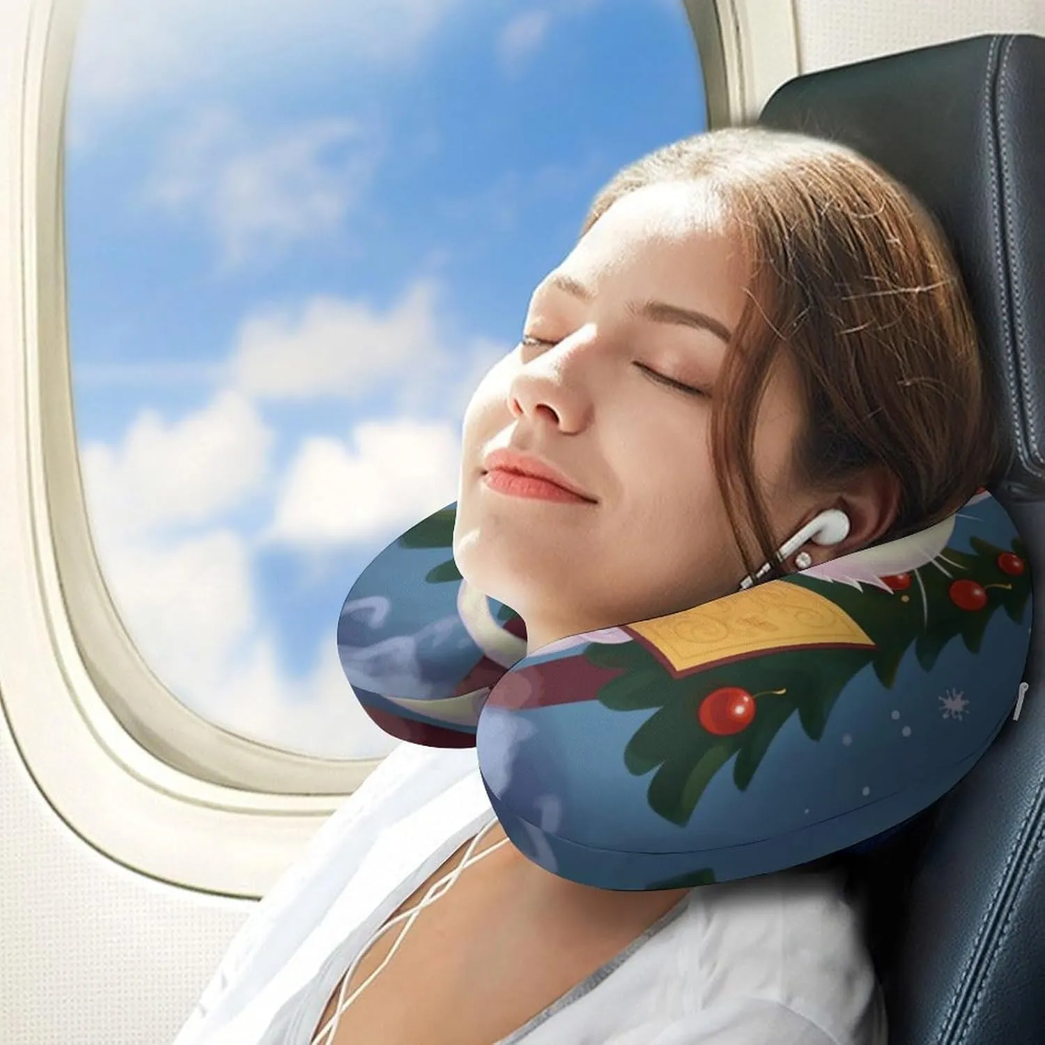 Travel Neck Pillow U Shape Memory Foam Travel Pillow Cute Cat Sing Christmas Carols Airplane Pillow for Sleeping Comfortable Support Pillow for Head Support Neck Pillows for Trains Self-Driving Cars T