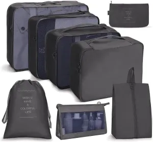 Travel storage bag set of eight, for clothing classification and storage, suitcase clothing packaging, multifunctional and multi-purpose(Black)