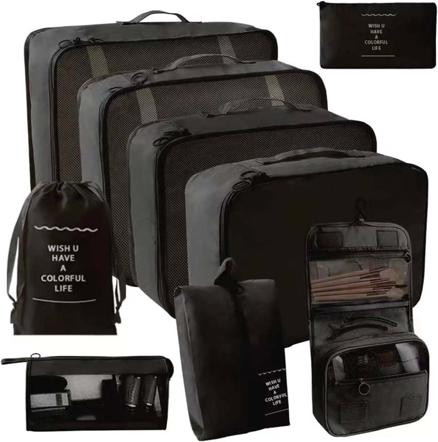 Travel storage bag set of eight, for clothing classification and storage, suitcase clothing packaging, multifunctional and multi-purpose(Black)