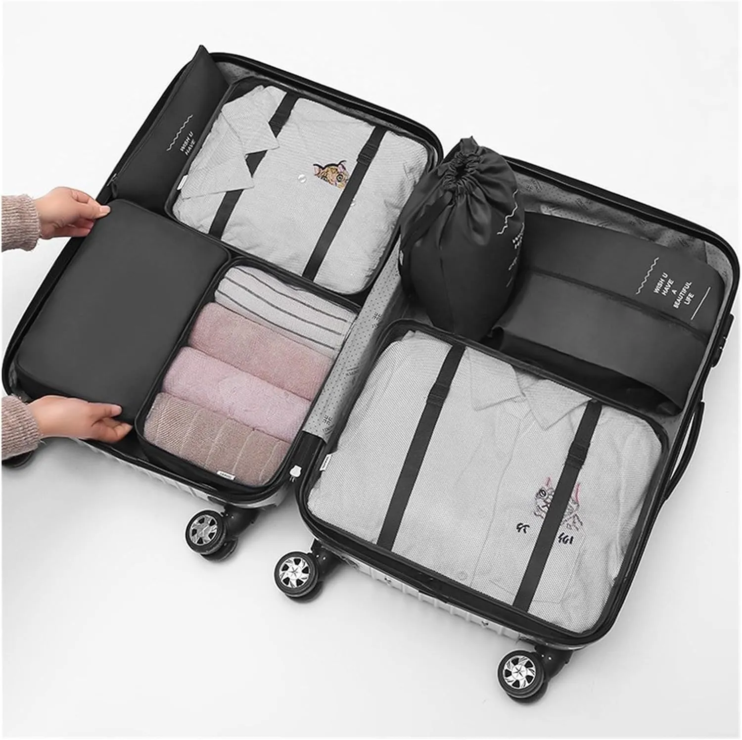 Travel storage bag set of eight, for clothing classification and storage, suitcase clothing packaging, multifunctional and multi-purpose(Black)