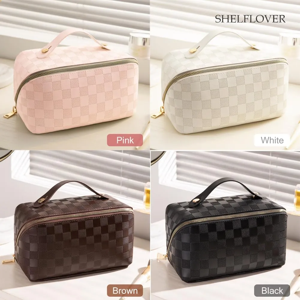 Travel Toiletry Bag Makeup Bag, Water-Resistent Cosmetic Bags for Women, Portable Pouch Open Flat Make Up Organizer Case, Cosmetic Bags, Pink Grid