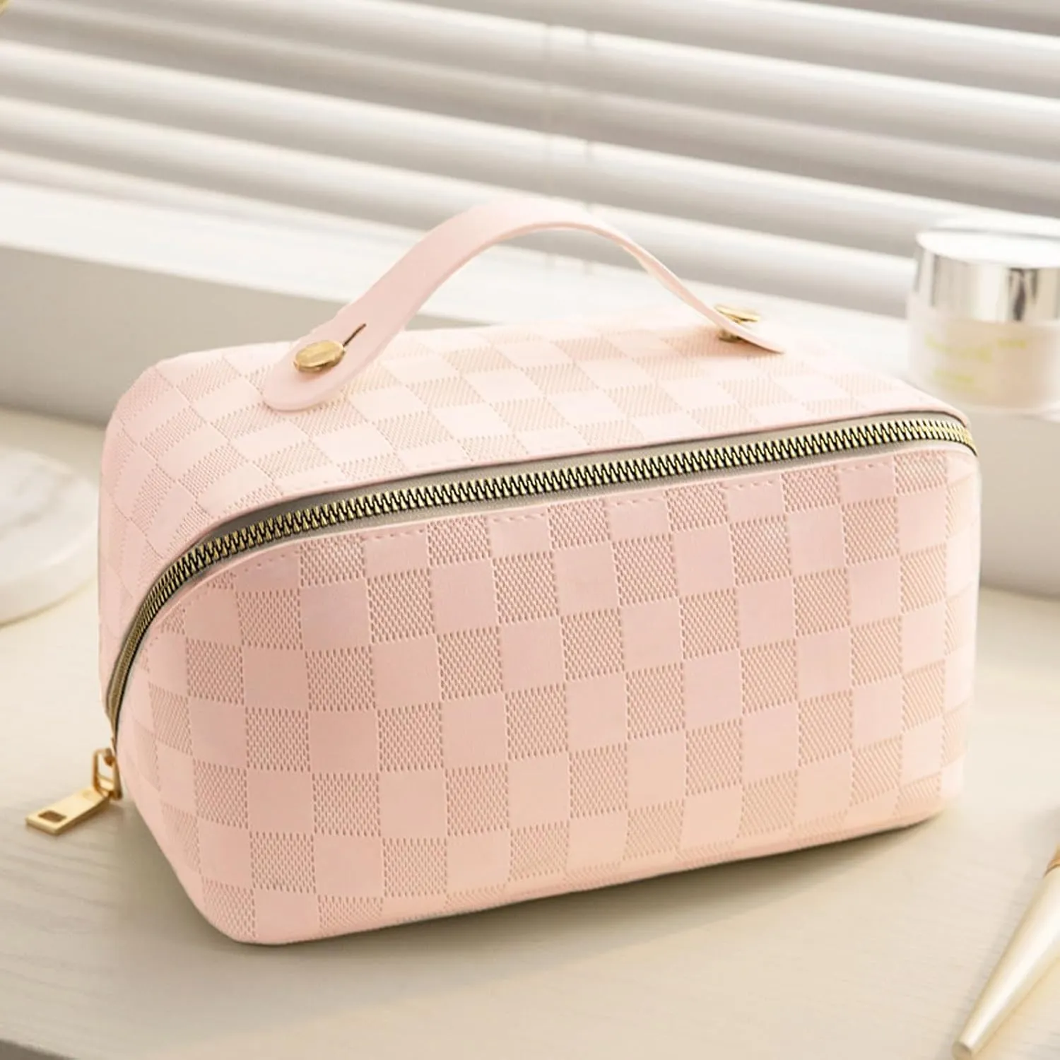 Travel Toiletry Bag Makeup Bag, Water-Resistent Cosmetic Bags for Women, Portable Pouch Open Flat Make Up Organizer Case, Cosmetic Bags, Pink Grid