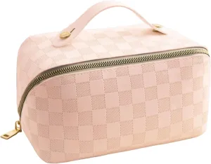 Travel Toiletry Bag Makeup Bag, Water-Resistent Cosmetic Bags for Women, Portable Pouch Open Flat Make Up Organizer Case, Cosmetic Bags, Pink Grid