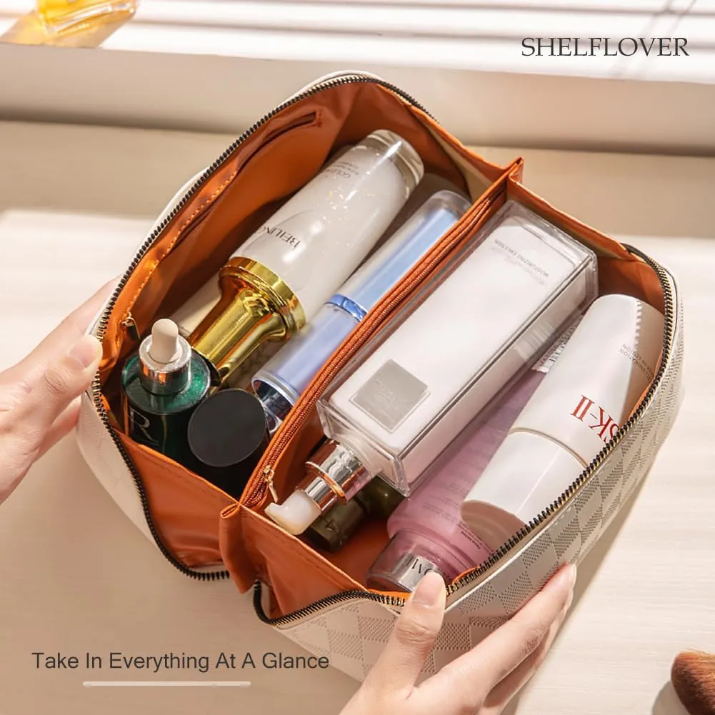 Travel Toiletry Bag Makeup Bag, Water-Resistent Cosmetic Bags for Women, Portable Pouch Open Flat Make Up Organizer Case, Cosmetic Bags, Pink Grid