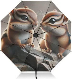 Travel Umbrella Windproof Compact Umbrella for Purse, Umbrellas for Backpacks/Handbags, Rain, Wind and Sun, Chipmunks Cute Animals Vintage