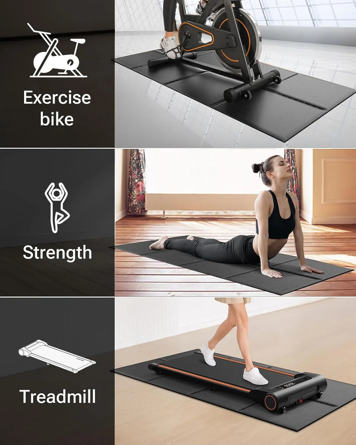 Treadmill Walking Pad Mat,63"x25.6",75"x30",1/4" Thick Exercise Bike Mats for Carpet/Hardwood Floors,Mat for Under Treadmill/Rowing on Carpet,Foldable Exercise Equipment Mat,Noise Shock Absorption