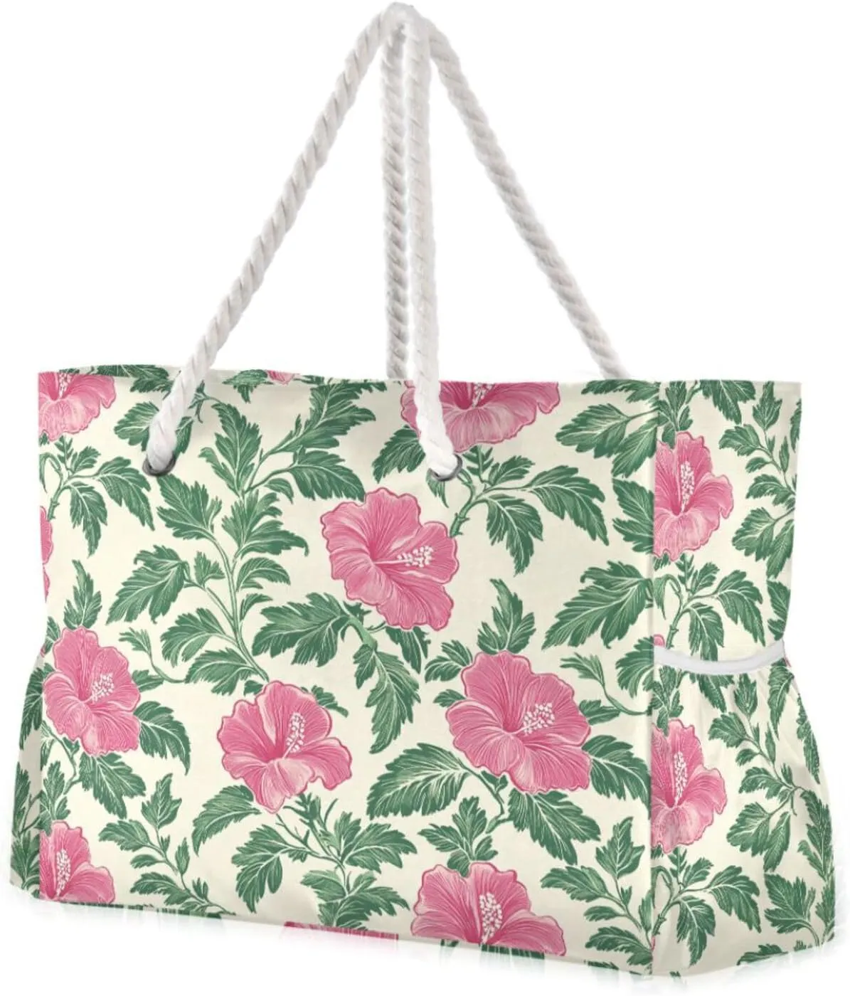 Tropical Flowers Red Sandproof Travel Duffel Bag Tote with side pocketes Zipper Tote Bag Perfect for Travel Pool Swim Beach Vacation Necessities