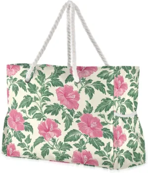 Tropical Flowers Red Sandproof Travel Duffel Bag Tote with side pocketes Zipper Tote Bag Perfect for Travel Pool Swim Beach Vacation Necessities