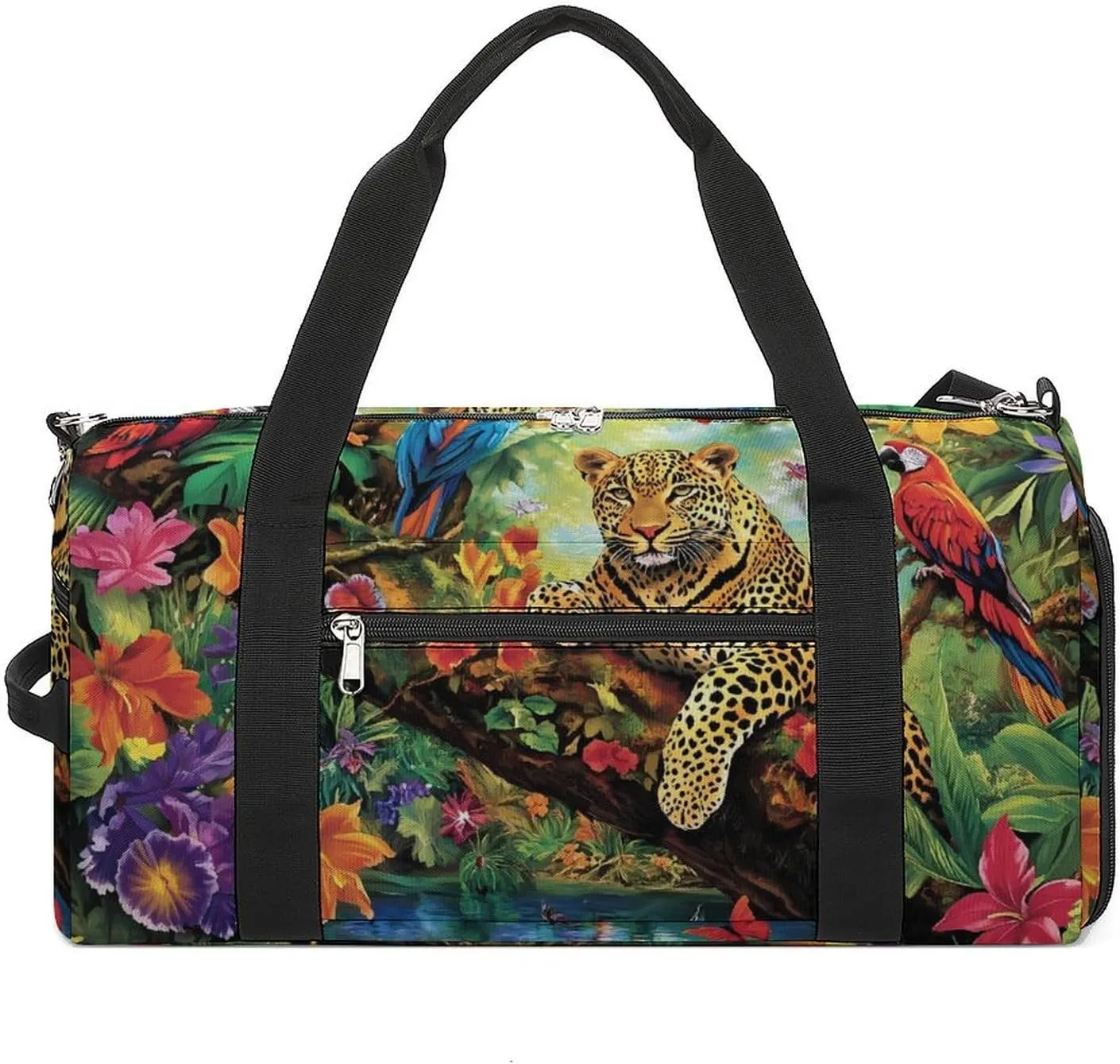 Tropical Forests Parrots And Leopard Unisex Gym Bag Waterproof Sports Duffels Travel Gear With Laundry Shoe Compartment