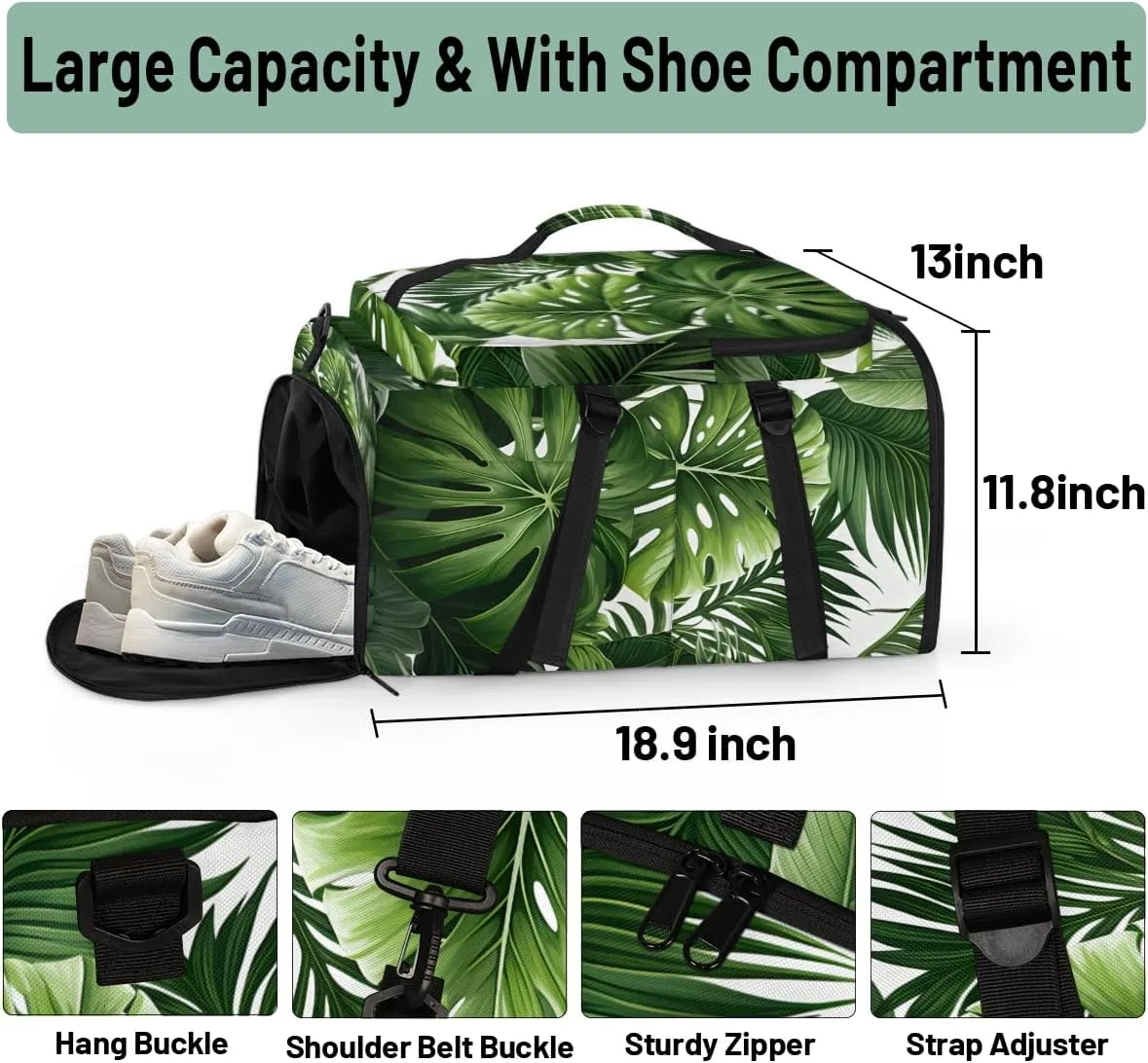 Tropical Green Plant Leaf Travel Backpack Carry On Flight Approved for Women Men, 18.9 Inch Large Botanical Jungle Design Airline Approved Luggage Weekender Backpacks