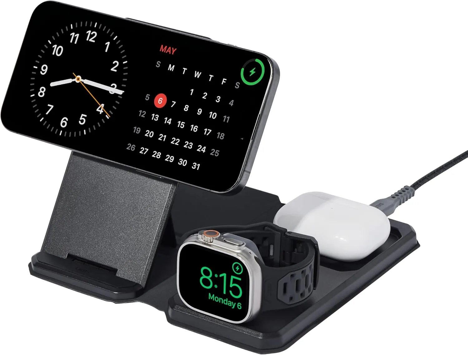 UAG SRGE 3-in-1 Travel Desktop Charger 15W Foldable Wireless Charging Station Compatible with MagSafe for iPhone 15, AirPods, Apple Watch, Black/Gray (25W USB-C PD Charger & Global Adapter Included)