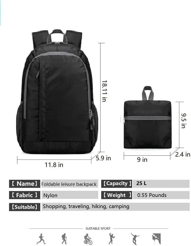 Ultra Lightweight-Packable-Hiking-Backpack Small Foldable Travel Camping Daypack Casual Outdoor Water-resistant 25L Backpacks (Black)
