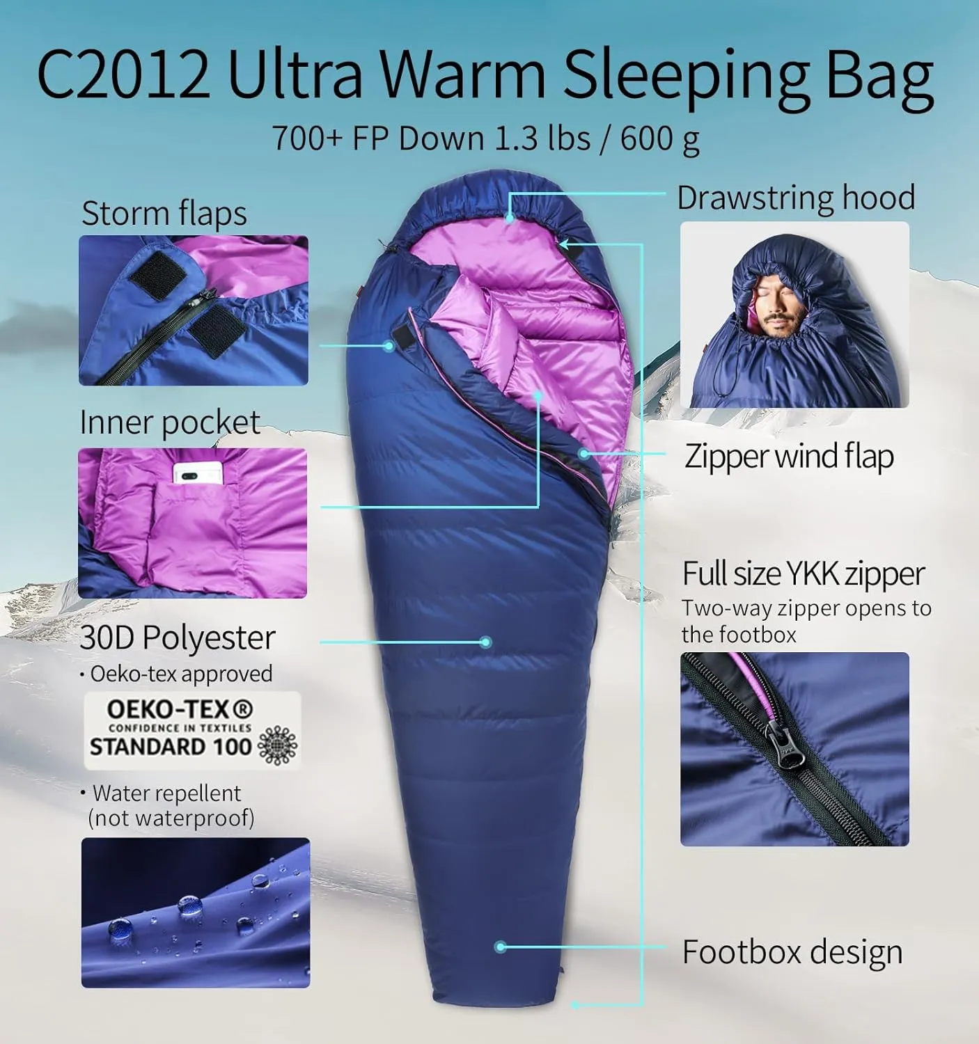 Ultra Warm Mummy Down Sleeping Bag–700FP  Down,Winter Camp, Dual YKK Zippers, Footbox & Compression Bag, Soft Lining, Drawsring Hood