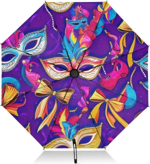 Umbrella, Auto Open Close Compact Travel Umbrella Windproof, Compact Size for Backpacks/Handbags - for Travel, Colorful Carnival Masks Purple