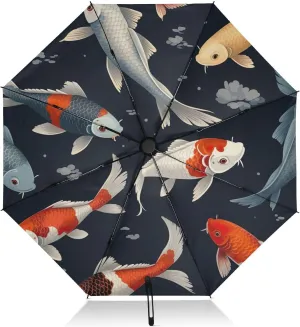 Umbrella, Auto Open Close Folding Umbrella Windproof, Compact Size for Backpacks/Handbags - for Travel, Koi Fish Opaque Blue