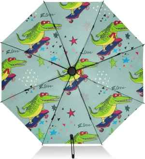 Umbrella, Auto Open Close Umbrella Small Compact Windproof, Compact Size for Backpacks/Handbags - for Travel, Cute Crocodiles Skateboards Green