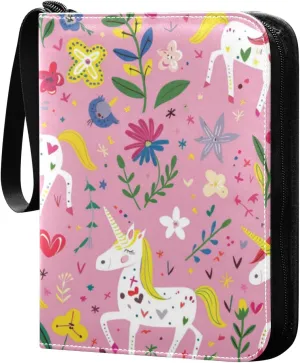 Unicorns in Colorful Meadows Card Binder 4 Pocket Trading Card Binder Portable Cards Collection Book with Zipper