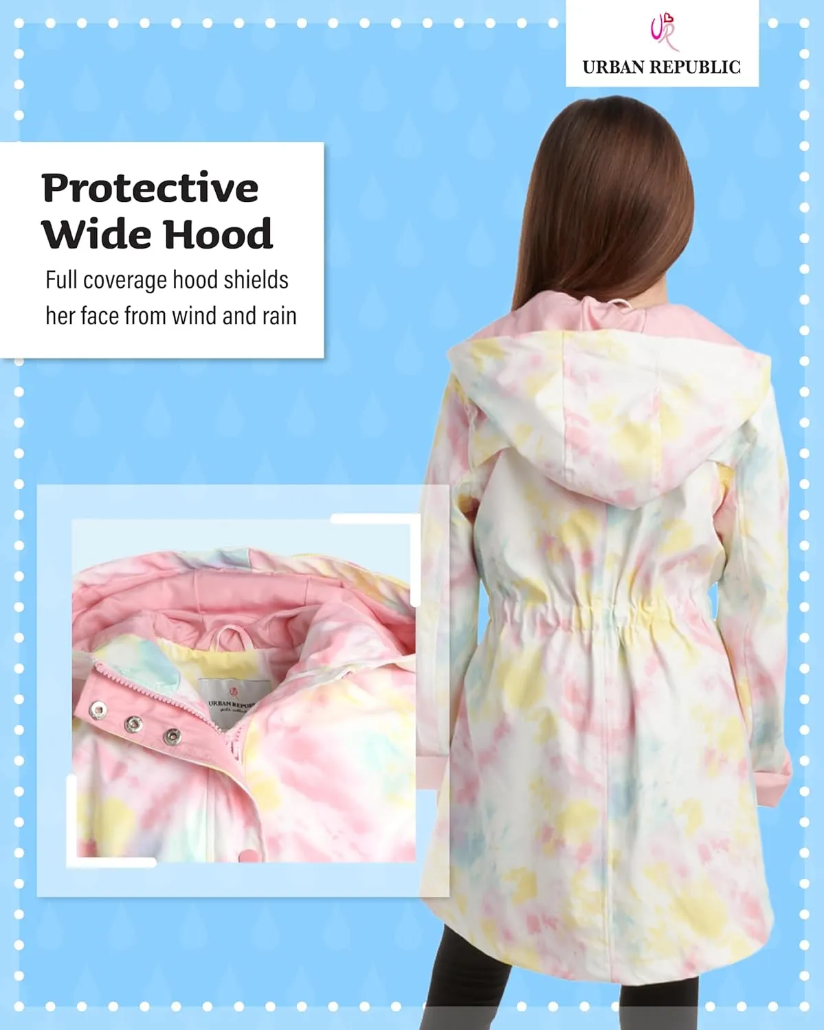 URBAN REPUBLIC Girls Rain Jacket - Waterproof Slicker Shell Anorak Jacket Lightweight Kids Rain Coat with Pockets (7-16)