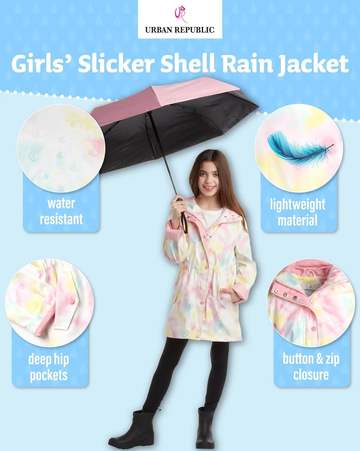 URBAN REPUBLIC Girls Rain Jacket - Waterproof Slicker Shell Anorak Jacket Lightweight Kids Rain Coat with Pockets (7-16)