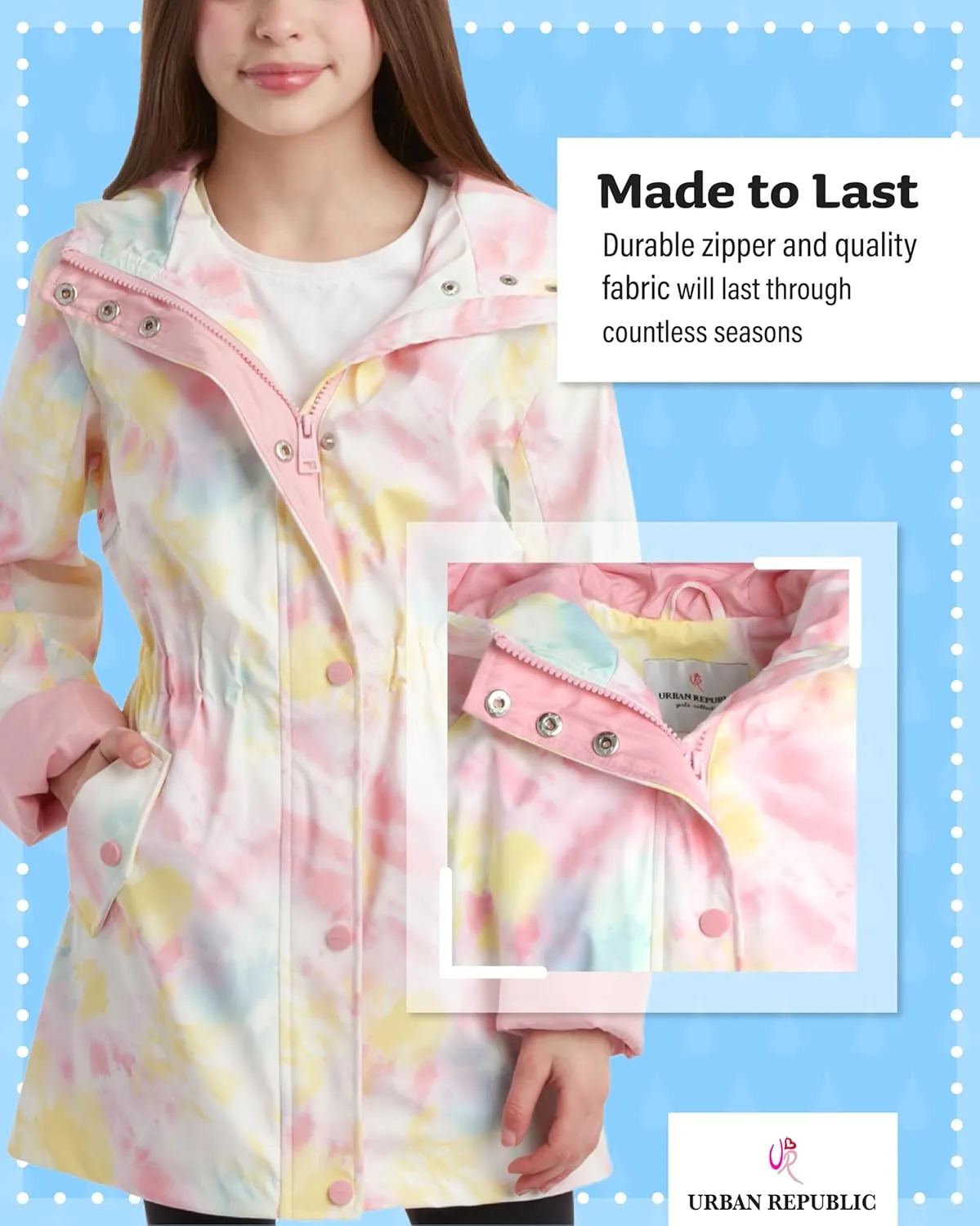 URBAN REPUBLIC Girls Rain Jacket - Waterproof Slicker Shell Anorak Jacket Lightweight Kids Rain Coat with Pockets (7-16)
