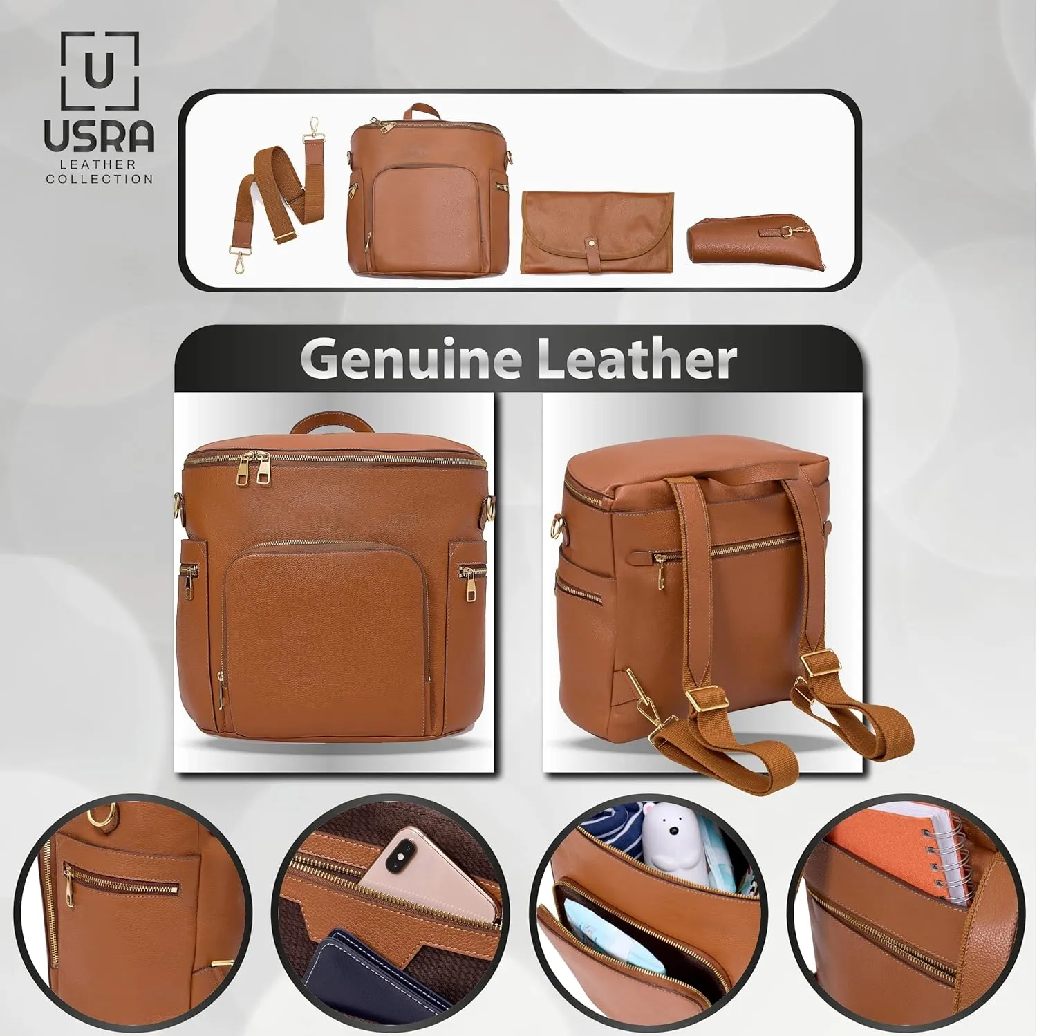 USRA Genuine Leather Diaper Bag handbag backpack for moms Durable quality functional maternity bag organizer (Brown)
