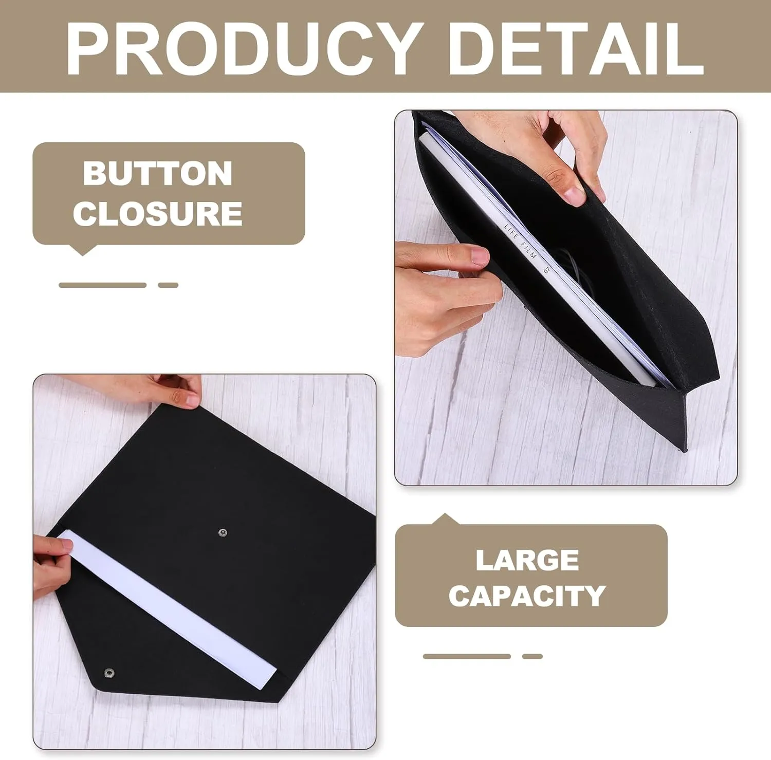 uxcell 2 Pcs Felt File Folders, A4 Envelope Folder File Document Storage Bag Portable File Folder Organizer Case with Button Closure for Office Business(Grey/Black)