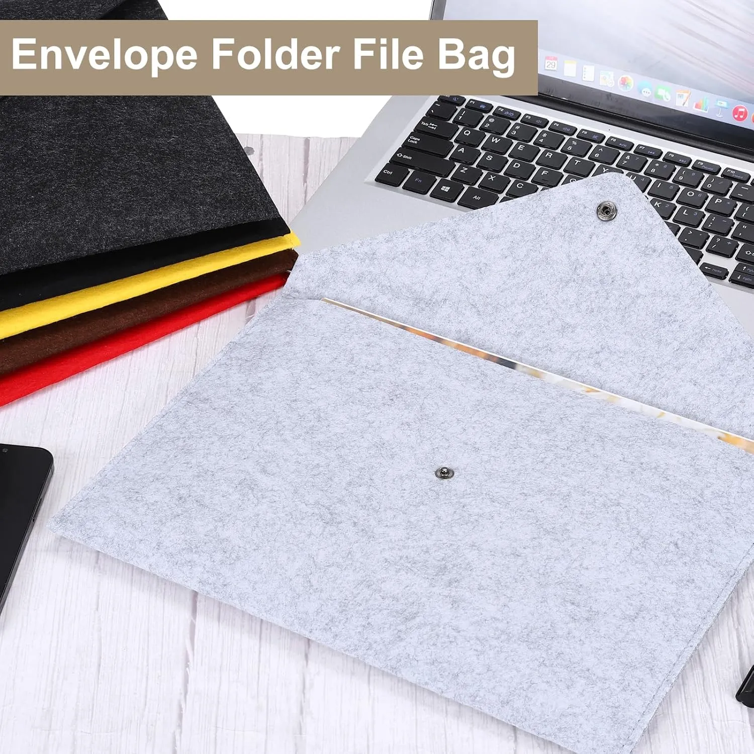uxcell 2 Pcs Felt File Folders, A4 Envelope Folder File Document Storage Bag Portable File Folder Organizer Case with Button Closure for Office Business(Grey/Black)