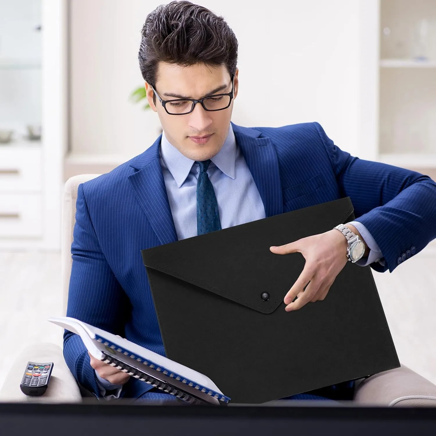 uxcell 2 Pcs Felt File Folders, A4 Envelope Folder File Document Storage Bag Portable File Folder Organizer Case with Button Closure for Office Business(Grey/Black)