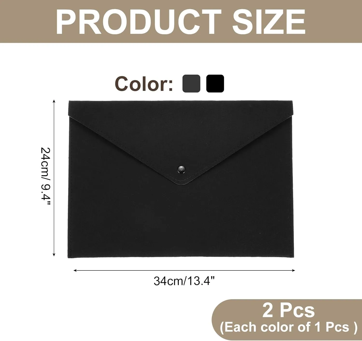uxcell 2 Pcs Felt File Folders, A4 Envelope Folder File Document Storage Bag Portable File Folder Organizer Case with Button Closure for Office Business(Grey/Black)