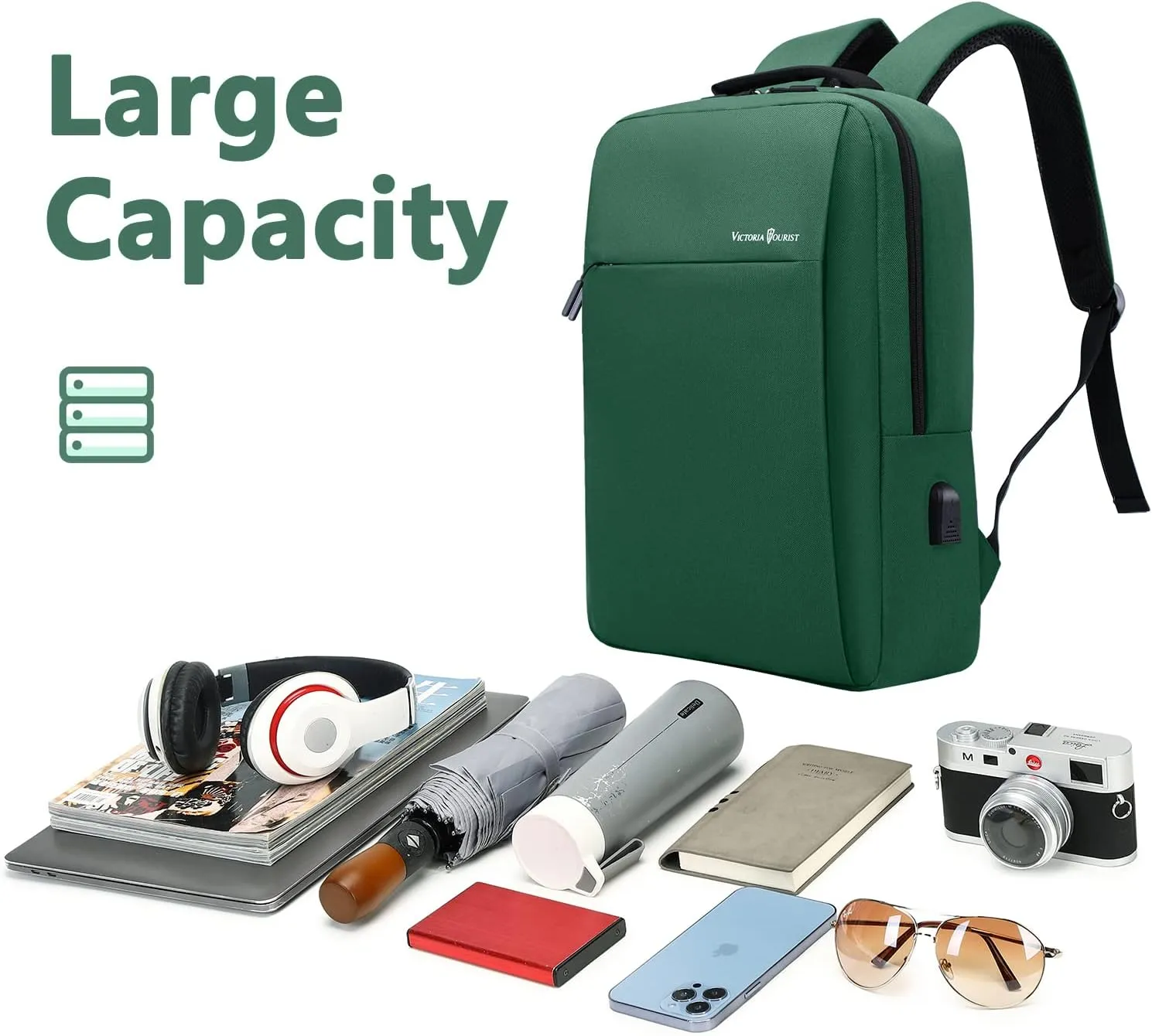 Victoriatourist Laptop Backpack for Men Business Slim Durable Work Laptops Backpacks with USB Charging Port, College Backpacks Computer Bag Gifts for Women Fits 15.6 Inch Notebook (Green)
