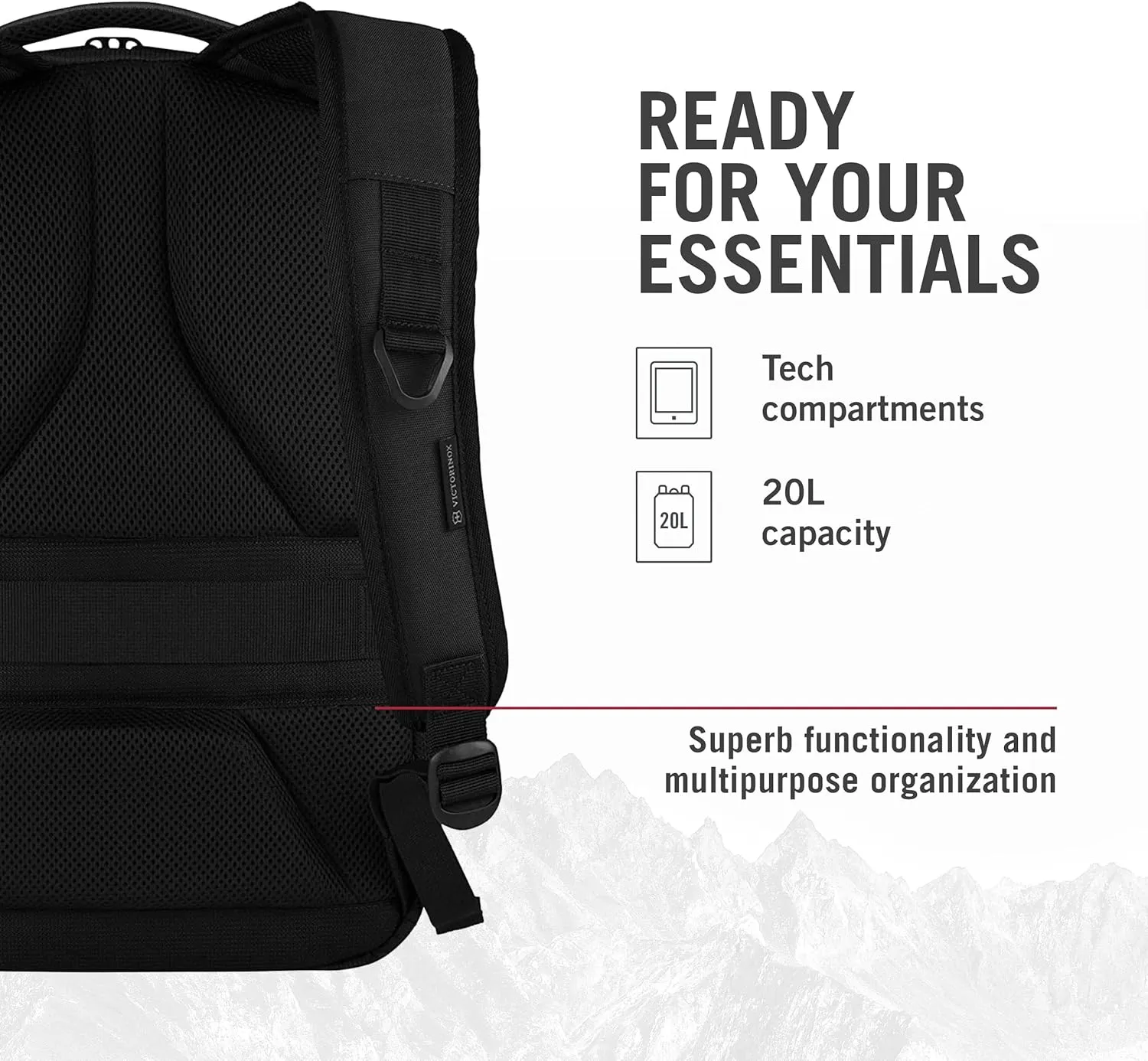 Victorinox VX Sport EVO Compact Backpack - Modern Backpack to Carry Travel Accessories - Includes Airflow Channels & Adjustable Straps - 20 Liters, Black