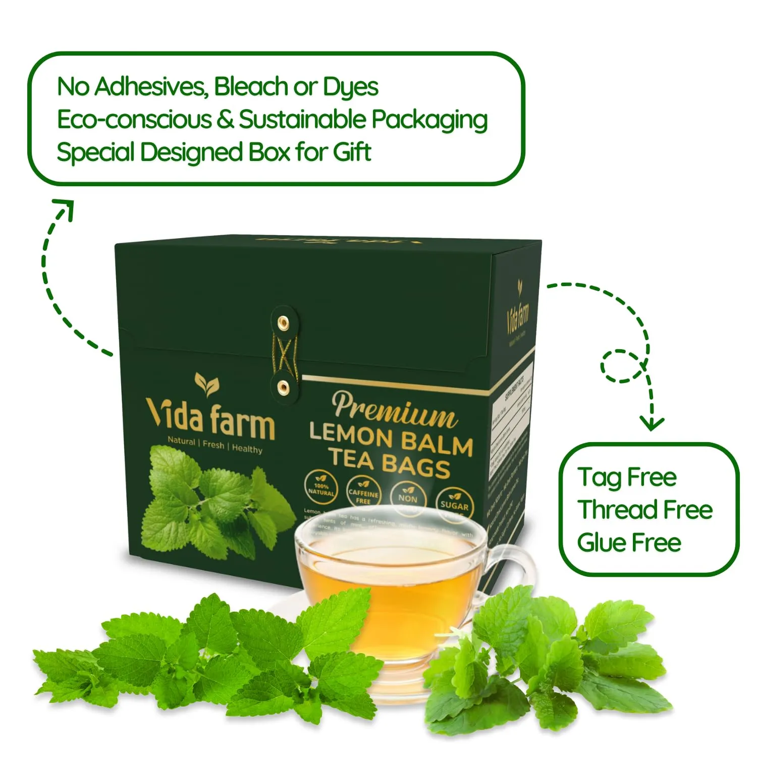 VIDA FARM Lemon Balm Tea Bags, 125 Herbal Tea Bags, 100% Natural Dried Lemon Balm Herbal Leaves Tea Bag, Caffeine Free, Sugar Free, Citrus Flavor