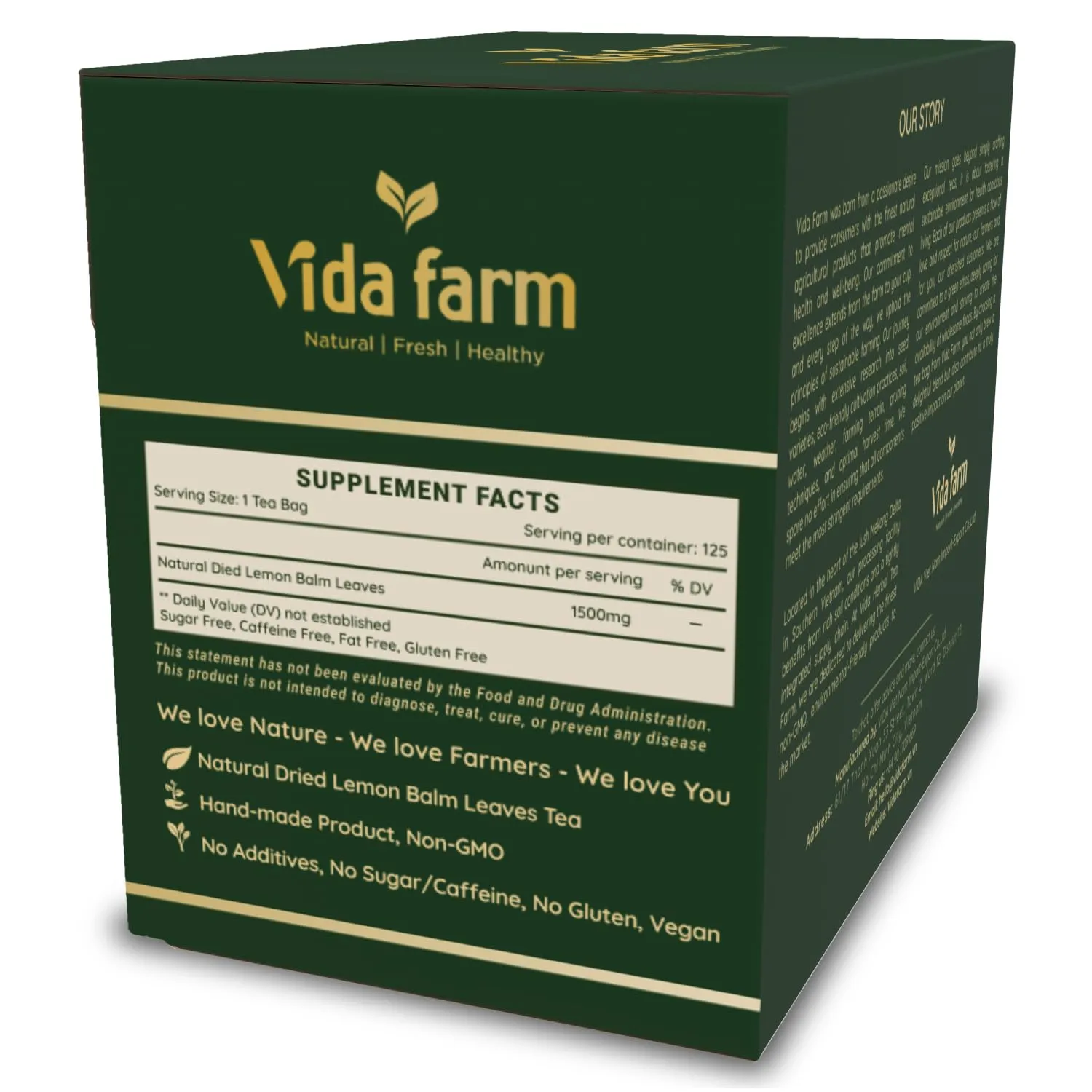 VIDA FARM Lemon Balm Tea Bags, 125 Herbal Tea Bags, 100% Natural Dried Lemon Balm Herbal Leaves Tea Bag, Caffeine Free, Sugar Free, Citrus Flavor