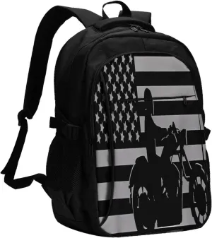 Vintage American Motorcycle Flag Dirt Bike Rider Motocross Travel Backpack Laptop Backpacks Business Rucksack Outdoor Daypack Large Sport Bag with Luggage Strap USB Charging Port for Hiking