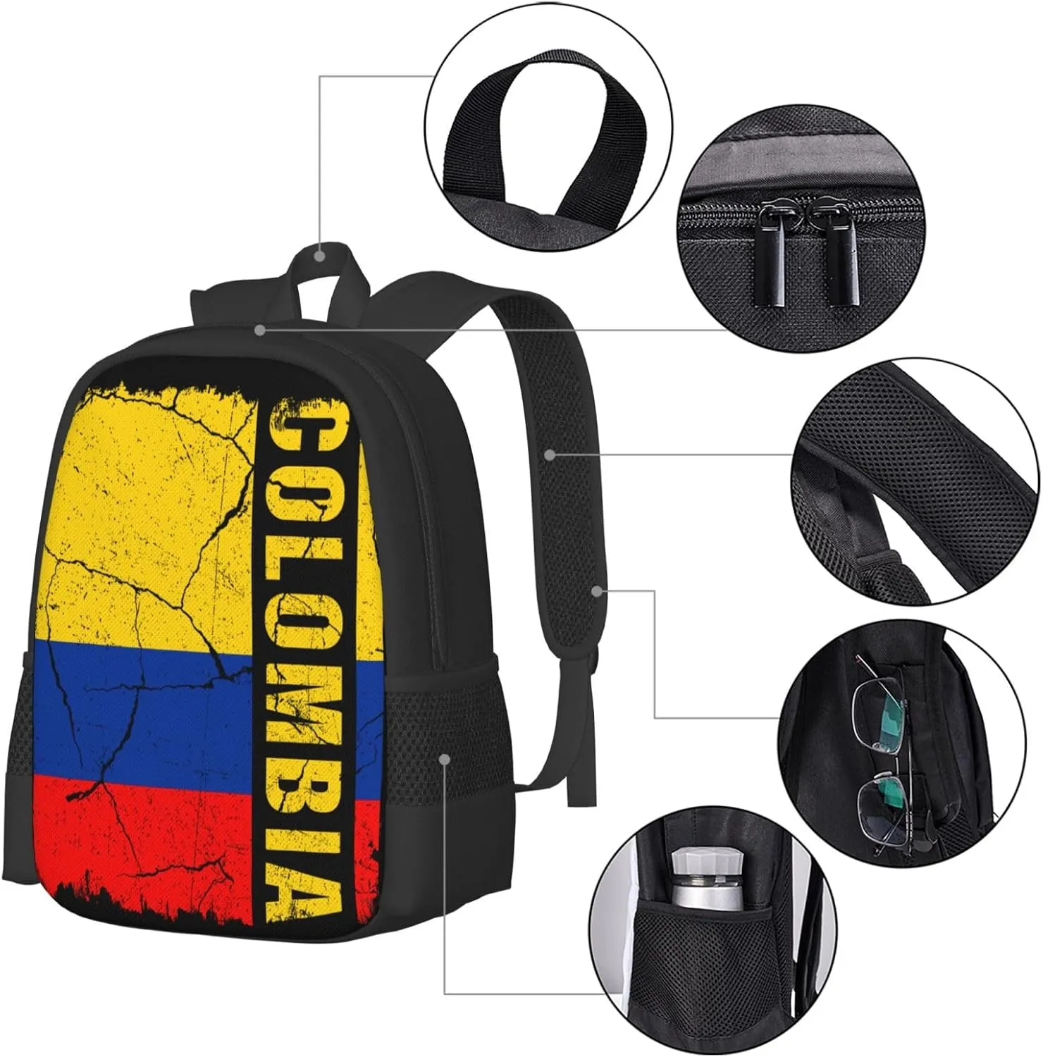 Vintage Colombian Flag Colombia Roots Casual Backpack Large Capacity Backpacks 15 Inch Laptop Back Pack Travel Rucksack Daypack Commuter Bags with Adjustable Strap for Camping