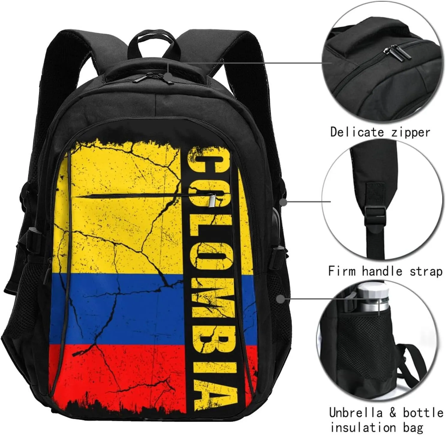 Vintage Colombian Flag Colombia Roots Travel Backpacks Casual Backpack Large Capacity Laptop Rucksack Luggage Daypacks with USB Charging Port Multi-Pockets Bags for Hiking