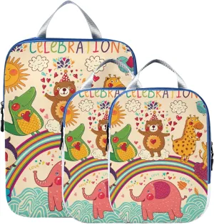 Vintage Colorful Bears Giraffe Dinosaur Penguin Elephant Rainbow 3 Set Packing Cubes, Travel Packing Organizers for Suitcases, Waterproof Check Oxford Toiletry Compression Luggage Storage Bag