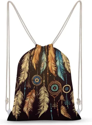 Vintage Ethnic Tribal Feather Drawstring Backpack for Women Men Drawstring Bag for Travel Swimming Sports Gym Bag