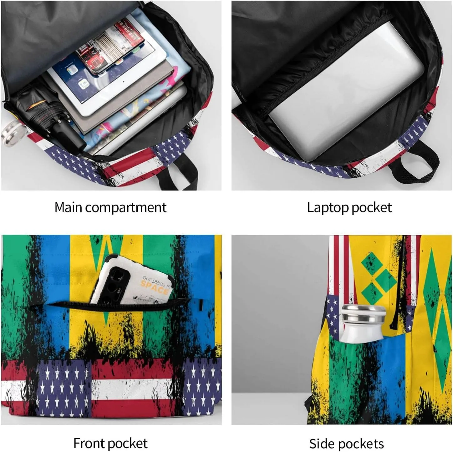 Vintage Half Saint Vincent American Flag Casual Backpack Large Capacity Travel Backpacks Laptop Daypack Commuter Rucksack Adjustable Strap Sports Bags for Hiking Biking